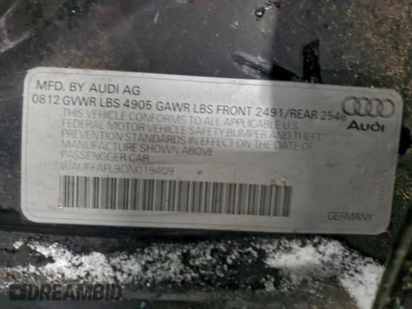 ✅ 2013 Audi A4 Premium Plus • VIN: WAUFFAFL9DN019409 • Lot: 96231035. Listed on Copart with 127,288 mi. Free auction sales archive from the USA and detailed vehicle history report at DreamBid. Image 12.