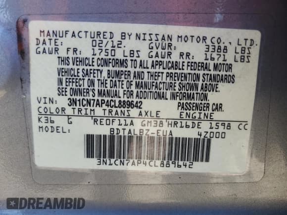 ✅ 2012 Nissan Versa SV • VIN: 3N1CN7AP4CL889642 • Лот: 92573295. Опубликован ранее на Copart с пробегом 157 867 миль. Бесплатный доступ к архиву аукционных продаж из США и подробный отчёт об истории автомобиля на DreamBid. Изображение 12.