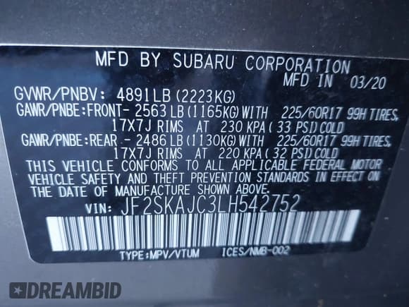 ✅ 2020 Subaru Forester Premium • VIN: JF2SKAJC3LH542752 • Lot: 43617821. Listed on IAAI with 54,383 mi. Free auction sales archive from the USA and detailed vehicle history report at DreamBid. Image 9.