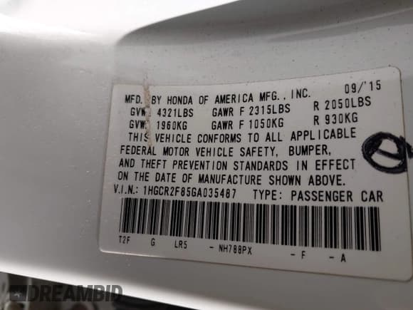 ✅ 2016 Honda Accord EX-L • VIN: 1HGCR2F85GA035487 • Lot: 43786366. Listed on IAAI with 86,863 mi. Free auction sales archive from the USA and detailed vehicle history report at DreamBid. Image 9.