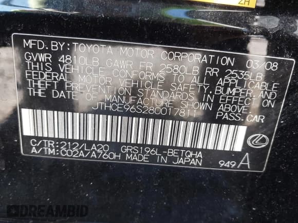 ✅ 2008 Lexus GS 350 • VIN: JTHCE96S280017811 • Лот: 41630796. Опубликован ранее на IAAI с пробегом 213 215 миль. Бесплатный доступ к архиву аукционных продаж из США и подробный отчёт об истории автомобиля на DreamBid. Изображение 9.