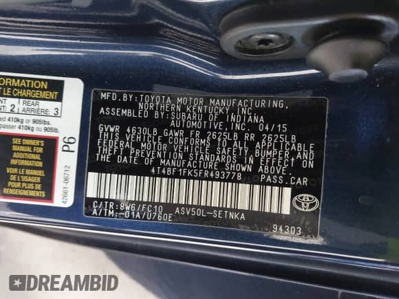 2015 Toyota Camry LE with VIN 4T4BF1FK5FR493778, listed as a IAAI auction lot 43476551 with 55,165 mi miles and . Bid and sale history available at DreamBid. Image 9.