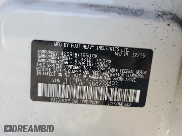 ✅ 2016 Subaru Impreza Special Sports Premium • VIN: JF1GPAP64G8238493 • Lot: 57121615. Listed on Copart with 132,961 mi. Free auction sales archive from the USA and detailed vehicle history report at DreamBid. Image 12.