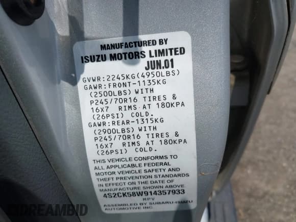 ✅ 2001 Isuzu Rodeo S • VIN: 4S2CK58W914357933 • Lot: 42427142. Listed on IAAI with 129,131 mi. Free auction sales archive from the USA and detailed vehicle history report at DreamBid. Image 9.