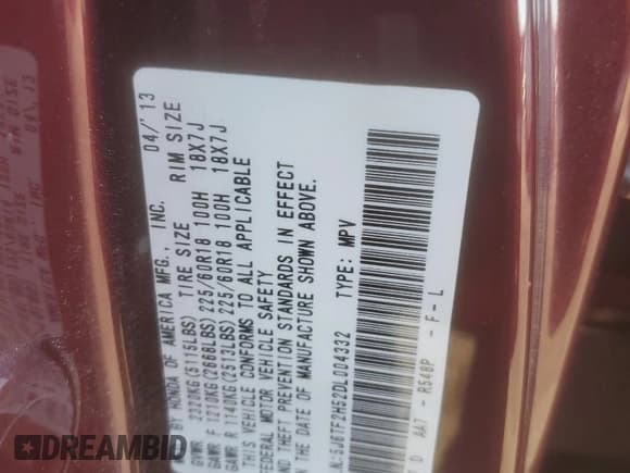 ✅ 2013 Honda Crosstour EX-L • VIN: 5J6TF2H52DL004332 • Lot: 92223985. Listed on Copart with 185,430 mi. Free auction sales archive from the USA and detailed vehicle history report at DreamBid. Image 12.