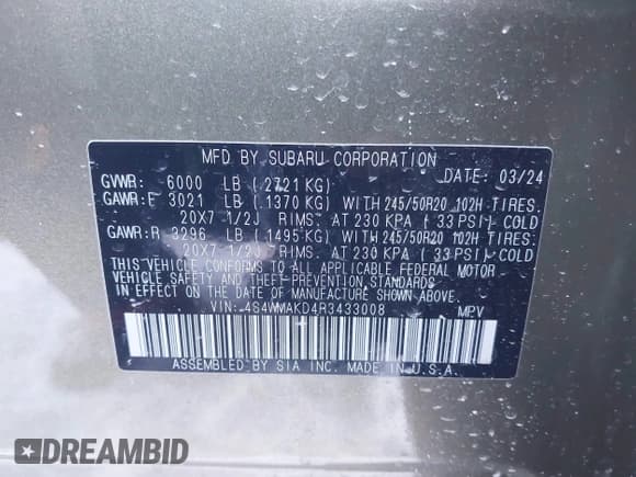 ✅ 2024 Subaru Ascent Onyx Limited • VIN: 4S4WMAKD4R3433008 • Lot: 41641920. Listed on IAAI with 10,139 mi. Free auction sales archive from the USA and detailed vehicle history report at DreamBid. Image 9.