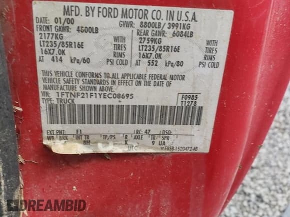 ✅ 2000 Ford F-250 XL • VIN: 1FTNF21F1YEC08695 • Lot: 55531175. Listed on Copart with 204,120 mi. Free auction sales archive from the USA and detailed vehicle history report at DreamBid. Image 12.