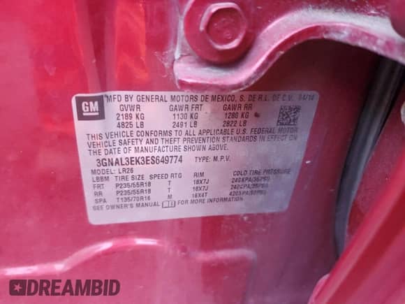 2014 Chevrolet Captiva Sport LT с VIN 3GNAL3EK3ES649774, выставлен на аукционе Copart как лот 78878534 с пробегом 83 506 миль миль и Чистый • Clean title. История ставок и продаж доступна на DreamBid. Изображение 13.