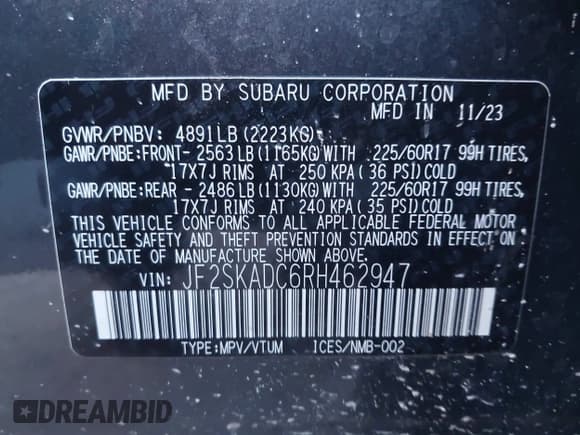 ✅ 2024 Subaru Forester Premium • VIN: JF2SKADC6RH462947 • Lot: 43861738. Listed on IAAI with 34,564 mi. Free auction sales archive from the USA and detailed vehicle history report at DreamBid. Image 9.