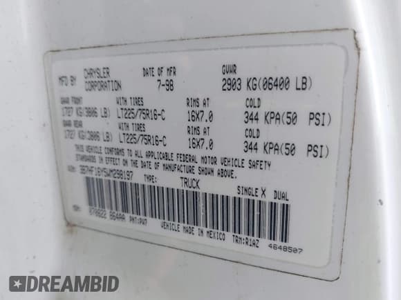 ✅ 1998 Dodge RAM • VIN: 3B7HF16Y5WM298197 • Lot: 43683874. Listed on IAAI with 170,129 mi. Free auction sales archive from the USA and detailed vehicle history report at DreamBid. Image 9.