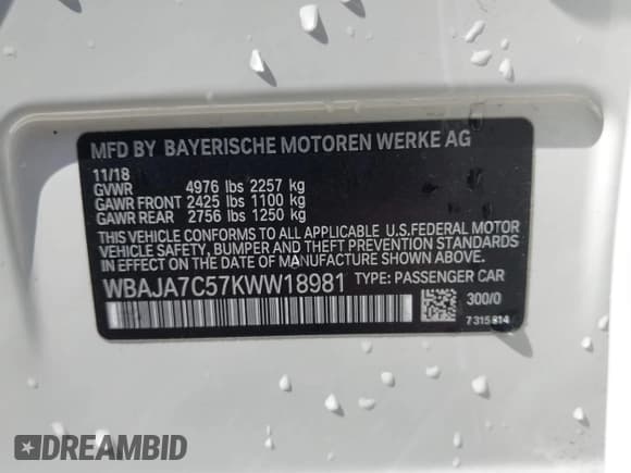 ✅ 2019 BMW 5 Series 530i xDrive • VIN: WBAJA7C57KWW18981 • Lot: 43278400. Listed on IAAI with Not provided. Free auction sales archive from the USA and detailed vehicle history report at DreamBid. Image 9.