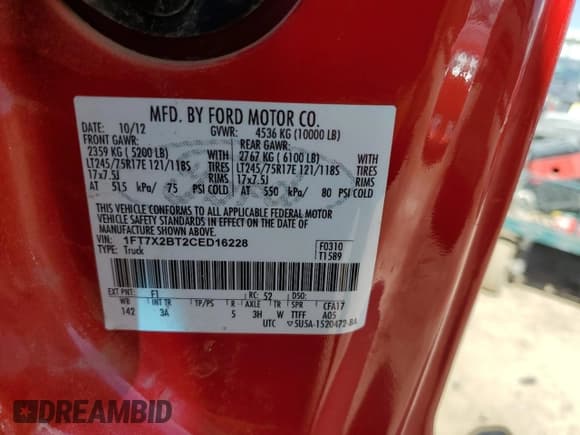 ✅ 2012 Ford F-250 XL • VIN: 1FT7X2BT2CED16228 • Lot: 68013205. Listed on Copart with 93,701 mi. Free auction sales archive from the USA and detailed vehicle history report at DreamBid. Image 12.