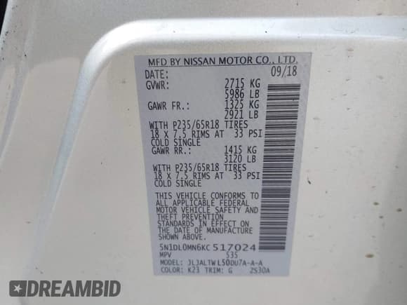 ✅ 2019 Infiniti QX60 Pure • VIN: 5N1DL0MN6KC517024 • Lot: 42121829. Listed on IAAI with Not provided. Free auction sales archive from the USA and detailed vehicle history report at DreamBid. Image 9.