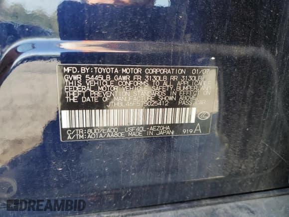 ✅ 2007 Lexus LS 460 • VIN: JTHBL46F575025412 • Lot: 55666625. Listed on Copart with 210,568 mi. Free auction sales archive from the USA and detailed vehicle history report at DreamBid. Image 12.