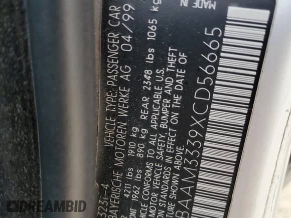 1999 BMW 3 Series 323i с VIN WBAAM3339XCD56665, выставлен на аукционе Copart как лот 82590554 с пробегом Не указан миль и Чистый • Clean title. История ставок и продаж доступна на DreamBid. Изображение 12.