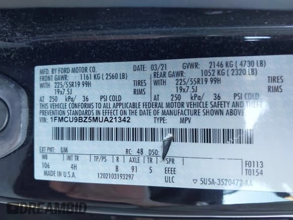 ✅ 2021 Ford Escape SE Hybrid • VIN: 1FMCU9BZ5MUA21342 • Lot: 43495736. Listed on IAAI with 58,187 mi. Free auction sales archive from the USA and detailed vehicle history report at DreamBid. Image 9.