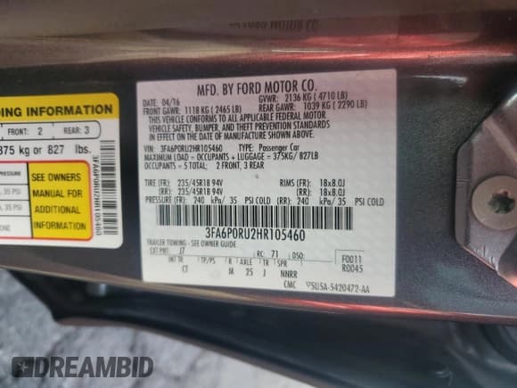 ✅ 2017 Ford Fusion Hybrid Titanium • VIN: 3FA6P0RU2HR105460 • Lot: 89561255. Listed on Copart with 168,577 mi. Free auction sales archive from the USA and detailed vehicle history report at DreamBid. Image 12.