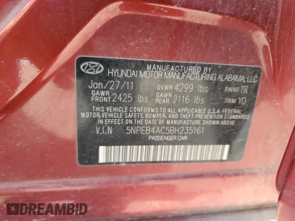 ✅ 2011 Hyundai Sonata GLS • VIN: 5NPEB4AC5BH235161 • Lot: 65053354. Listed on Copart with 146,749 mi. Free auction sales archive from the USA and detailed vehicle history report at DreamBid. Image 12.