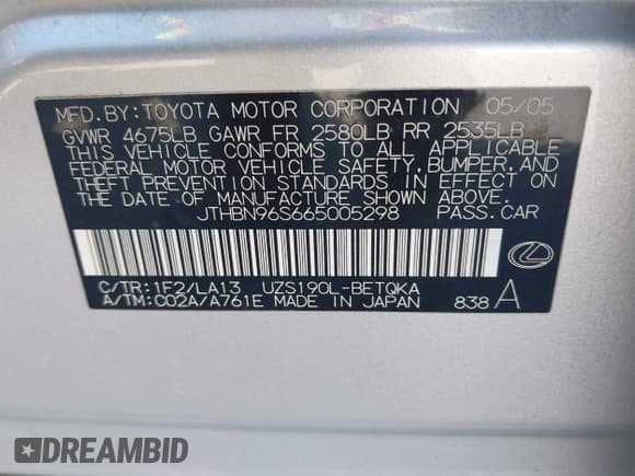 ✅ 2006 Lexus GS 430 • VIN: JTHBN96S665005298 • Lot: 42158929. Wystawiony na IAAI z przebiegiem 155 008 mil. Bezpłatny archiwum sprzedaży aukcyjnych z USA i szczegółowy raport historii pojazdu na DreamBid. Zdjęcie 9.