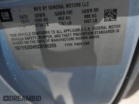 ✅ 2012 Chevrolet Corvette 1LT • VIN: 1G1YE2DW5C5106250 • Lot: 68361135. Listed on Copart with 103,481 mi. Free auction sales archive from the USA and detailed vehicle history report at DreamBid. Image 12.