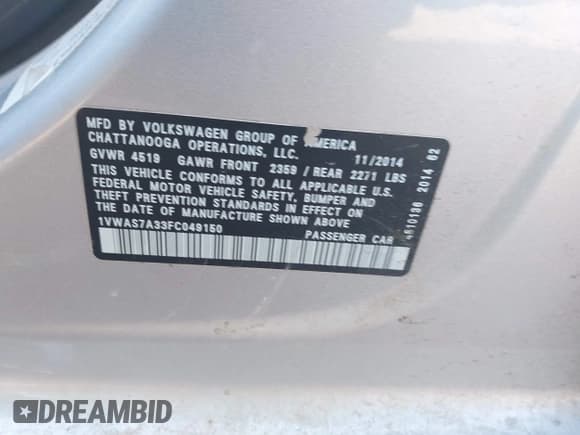 ✅ 2015 Volkswagen Passat S • VIN: 1VWAS7A33FC049150 • Lot: 42641203. Listed on IAAI with 146,030 mi. Free auction sales archive from the USA and detailed vehicle history report at DreamBid. Image 9.