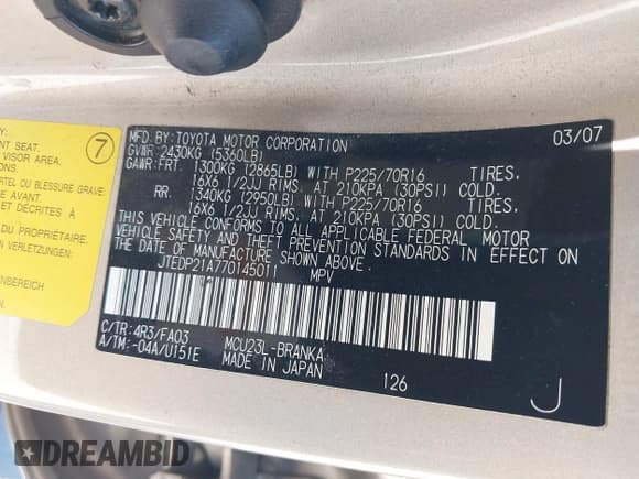 ✅ 2007 Toyota Highlander w/3rd Row • VIN: JTEDP21A770145011 • Lot: 43023021. Listed on IAAI with 183,764 mi. Free auction sales archive from the USA and detailed vehicle history report at DreamBid. Image 9.