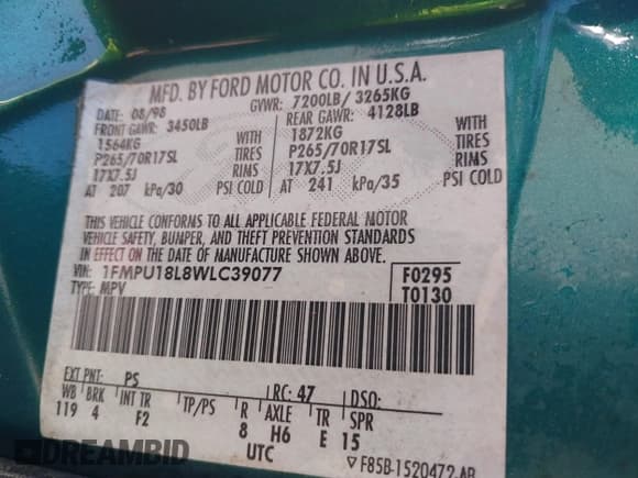 ✅ 1998 Ford Expedition XLT • VIN: 1FMPU18L8WLC39077 • Lot: 42692981. Wystawiony na IAAI z przebiegiem 273 619 mil. Bezpłatny archiwum sprzedaży aukcyjnych z USA i szczegółowy raport historii pojazdu na DreamBid. Zdjęcie 9.