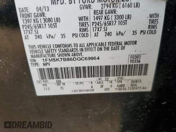 ✅ 2013 Ford Explorer • VIN: 1FM5K7B86DGC69964 • Lot: 54163195. Listed on Copart with 144,659 mi. Free auction sales archive from the USA and detailed vehicle history report at DreamBid. Image 12.