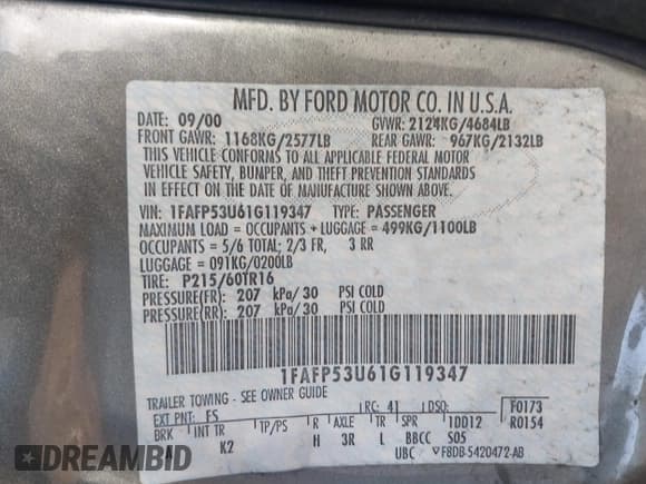 ✅ 2001 Ford Taurus SE • VIN: 1FAFP53U61G119347 • Lot: 43693455. Listed on IAAI with 150,165 mi. Free auction sales archive from the USA and detailed vehicle history report at DreamBid. Image 9.