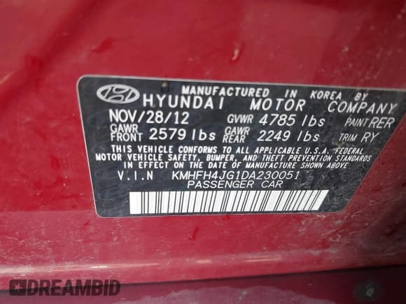 ✅ 2013 Hyundai Azera • VIN: KMHFH4JG1DA230051 • Lot: 42806070. Listed on IAAI with 149,186 mi. Free auction sales archive from the USA and detailed vehicle history report at DreamBid. Image 9.