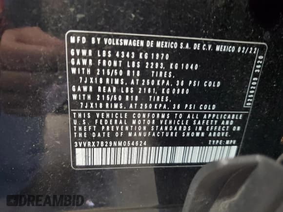 ✅ 2022 Volkswagen Taos SE • VIN: 3VVRX7B29NM054624 • Lot: 85784625. Wystawiony na Copart z przebiegiem 39 043 mil. Bezpłatny archiwum sprzedaży aukcyjnych z USA i szczegółowy raport historii pojazdu na DreamBid. Zdjęcie 12.