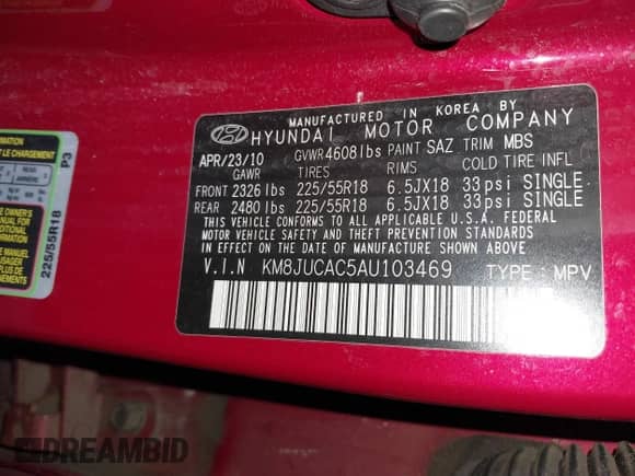 2010 Hyundai Tucson GLS with VIN KM8JUCAC5AU103469, listed as a IAAI auction lot 43394997 with 123,949 mi miles and . Bid and sale history available at DreamBid. Image 9.