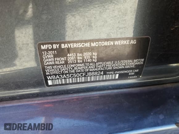 ✅ 2012 BMW 3 Series 328i • VIN: WBA3A5C50CFJ88824 • Lot: 81735705. Listed on Copart with 91,773 mi. Free auction sales archive from the USA and detailed vehicle history report at DreamBid. Image 12.