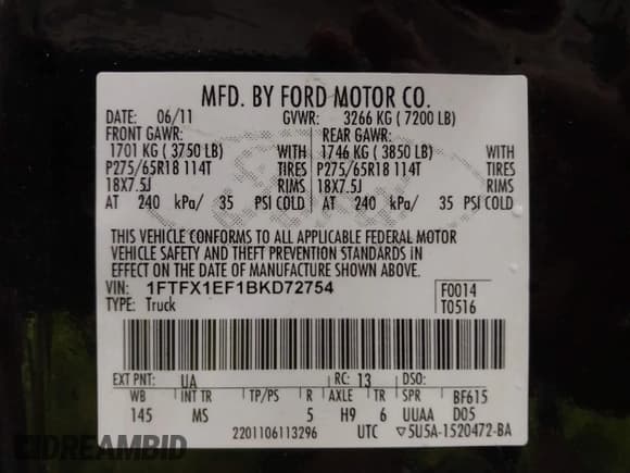 ✅ 2011 Ford F-150 FX4 • VIN: 1FTFX1EF1BKD72754 • Lot: 43313911. Listed on IAAI with 162,798 mi. Free auction sales archive from the USA and detailed vehicle history report at DreamBid. Image 9.