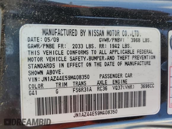 ✅ 2009 Nissan 370Z Touring • VIN: JN1AZ44E59M408350 • Lot: 59765094. Listed on Copart with 227,079 mi. Free auction sales archive from the USA and detailed vehicle history report at DreamBid. Image 12.