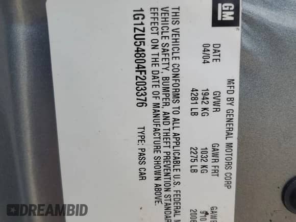 2004 Chevrolet Malibu LT z VIN 1G1ZU54804F203376, wystawiony jako Copart lot #73660144 z przebiegiem Nie podano mil oraz Szkoda całkowita • Salvage title. Historia ofert i sprzedaży dostępna na DreamBid. Obrazek 13.