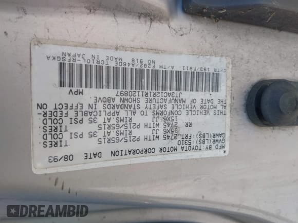 ✅ 1994 Toyota Previa LE • VIN: JT3AC12R1R1120897 • Lot: 42420190. Listed on IAAI with 280,320 mi. Free auction sales archive from the USA and detailed vehicle history report at DreamBid. Image 9.