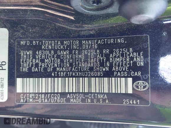 ✅ 2017 Toyota Camry SE • VIN: 4T1BF1FKXHU326085 • Лот: 43448181. Опубликован ранее на IAAI с пробегом 155 338 миль. Бесплатный доступ к архиву аукционных продаж из США и подробный отчёт об истории автомобиля на DreamBid. Изображение 9.