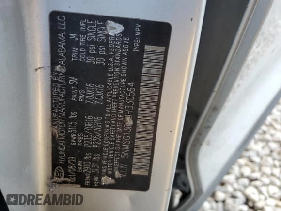 ✅ 2009 Hyundai Santa Fe GLS • VIN: 5NMSG13D99H330564 • Lot: 74173954. Listed on Copart with Not provided. Free auction sales archive from the USA and detailed vehicle history report at DreamBid. Image 16.