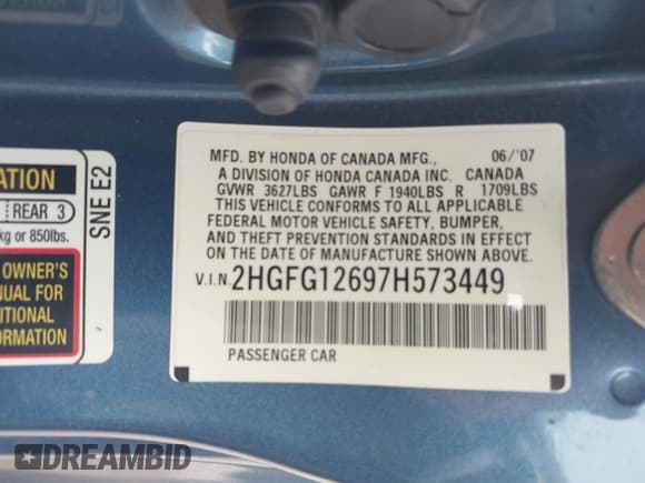 ✅ 2007 Honda Civic LX • VIN: 2HGFG12697H573449 • Lot: 43405431. Listed on IAAI with 164,703 mi. Free auction sales archive from the USA and detailed vehicle history report at DreamBid. Image 9.