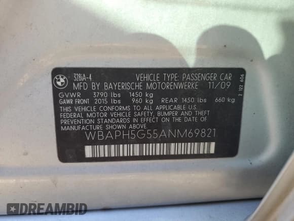 ✅ 2010 BMW 3 Series 328i • VIN: WBAPH5G55ANM69821 • Lot: 87279945. Listed on Copart with 113,695 mi. Free auction sales archive from the USA and detailed vehicle history report at DreamBid. Image 12.