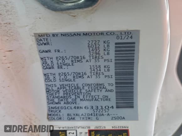 ✅ 2024 Nissan Frontier S • VIN: 1N6ED1CL4RN633104 • Lot: 92823755. Listed on Copart with 57,899 mi. Free auction sales archive from the USA and detailed vehicle history report at DreamBid. Image 13.