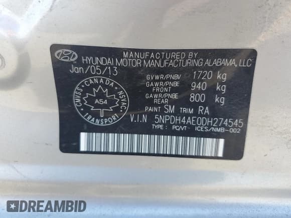 ✅ 2013 Hyundai Elantra Limited • VIN: 5NPDH4AE0DH274545 • Lot: 65502225. Listed on Copart with Not provided. Free auction sales archive from the USA and detailed vehicle history report at DreamBid. Image 12.