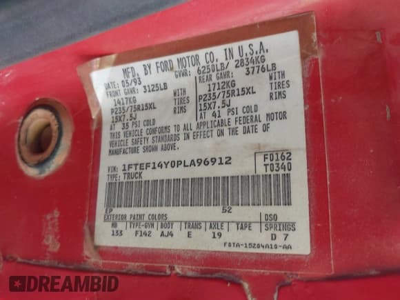✅ 1993 Ford F-150 • VIN: 1FTEF14Y0PLA96912 • Лот: 41909975. Опубликован ранее на IAAI с пробегом Не указан. Бесплатный доступ к архиву аукционных продаж из США и подробный отчёт об истории автомобиля на DreamBid. Изображение 9.