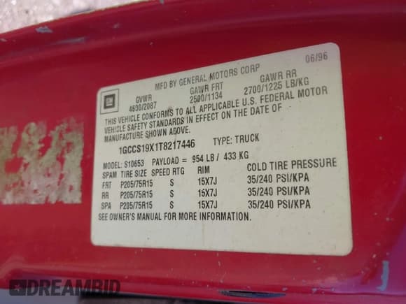 ✅ 1996 Chevrolet S-10 LS • VIN: 1GCCS19X1T8217446 • Лот: 41747890. Опубликован ранее на IAAI с пробегом 170 763 миль. Бесплатный доступ к архиву аукционных продаж из США и подробный отчёт об истории автомобиля на DreamBid. Изображение 9.