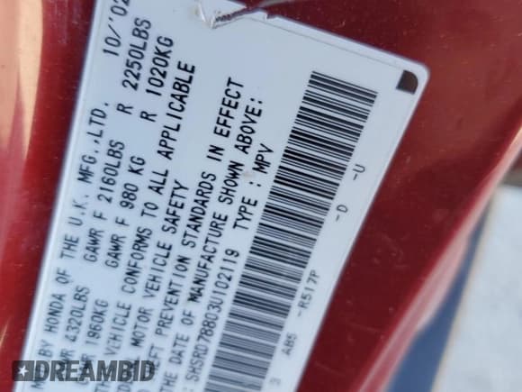 ✅ 2003 Honda CR-V EX • VIN: SHSRD78803U102119 • Лот: 92367165. Опубликован ранее на Copart с пробегом 159 874 миль. Бесплатный доступ к архиву аукционных продаж из США и подробный отчёт об истории автомобиля на DreamBid. Изображение 13.