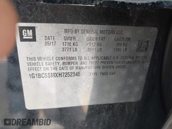 ✅ 2017 Chevrolet Cruze LS • VIN: 1G1BC5SMXH7252346 • Lot: 43218486. Listed on IAAI with 99,134 mi. Free auction sales archive from the USA and detailed vehicle history report at DreamBid. Image 9.