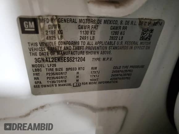 2014 Chevrolet Captiva Sport LS с VIN 3GNAL2EK6ES621204, выставлен на аукционе Copart как лот 82115264 с пробегом 132 020 миль миль и Списание • Salvage title. История ставок и продаж доступна на DreamBid. Изображение 13.