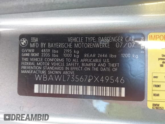 ✅ 2007 BMW 3 Series 335i • VIN: WBAWL73567PX49546 • Lot: 42630647. Listed on IAAI with 160,432 mi. Free auction sales archive from the USA and detailed vehicle history report at DreamBid. Image 9.