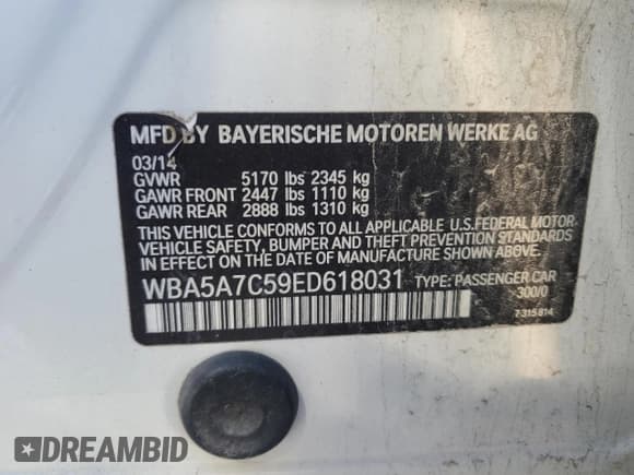 ✅ 2014 BMW 5 Series 528i xDrive • VIN: WBA5A7C59ED618031 • Lot: 92112715. Listed on Copart with 140,635 mi. Free auction sales archive from the USA and detailed vehicle history report at DreamBid. Image 13.